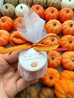 a hand is holding an orange ribbon and some small pumpkins