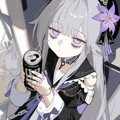 an anime character holding a can of soda