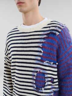 Crew-neck jumper with two-in-one contrast stripe design. Brushed mohair base with virgin wool overlay. Needle-punched together and left with raw-cut edges and rips for a ruined look. Regular fit. Marni Mohair Sweater, Marni Mohair, Marni Sweater, Brushed Mohair, Menswear Inspiration, 2024 Menswear, Heel Accessories, Mohair Knit, Knit Edge