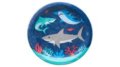 a blue paper plate with sharks and fish on it