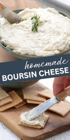 a bowl of homemade bourssin cheese with a knife in it and crackers on the side