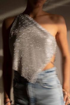 Nebula Crystal Top (Silver) | Metal Mesh Chainmail Party Outfit Going Out Nightclub Clothing Sequins Rhinestone Diamond Summer Look Mesh Top Outfit Party, Sparkle Top Outfit, Mesh Top Outfit, New Year Look, Fall Fashion Staples, Edgy Leather Jacket, Silver Sequin Top, Silver Outfits, Silver Shirt