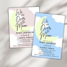 two baby shower cards with the words we are our moon on them and clouds in the background