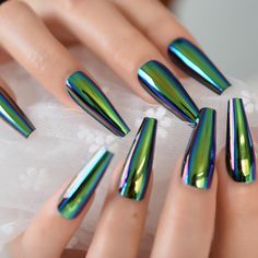 Nails Extra, Long Press On Nails, Green Chrome, Nail Type, Metallic Nails, Womens Nails, Acrylic Nails Coffin, Nailed It