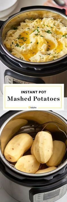 instant pot mashed potatoes in an electric pressure cooker with text overlay reading instant pot mashed potatoes