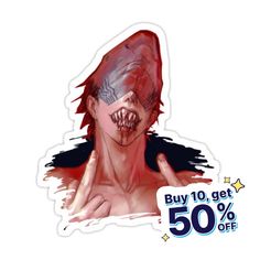 a sticker with an image of a woman's face and the words buy 10 get 50 % off