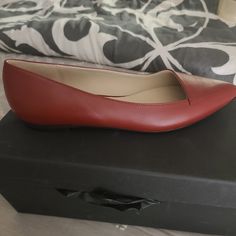 Brand New Flats, Never Worn, Original Box, Size 38 1/2 Formal Pointed Toe Flats With Red Sole, Formal Closed Toe Flats With Red Sole, Red Low Heel Flats For Office, Red Low Heel Flats For Work, Elegant Red Flats For Formal Occasions, Elegant Red Almond Toe Flats, Classic Red Closed Toe Flats, Classic Flats With Red Sole For Formal Occasions, Red Closed Toe Flats For Office