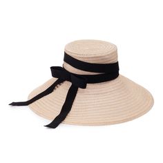 Natural open-weave hemp wide-brim sunhat with black satin ballet-strap ribbon and bow. SKU: 21015-03224 Short Brim Boater Hat With Ribbon For Garden Party, Curved Brim Boater Hat With Ribbon For Garden Party, Brimmed Boater Hat With Ribbon For Garden Party, Boater Hat With Ribbon For Garden Party, Garden Party Boater Hat With Ribbon And Curved Brim, Chic Boater Hat With Ribbon For Beach, Elegant Sun Hat With Ribbon And Curved Brim, Elegant Beach Hats With Bow, Curved Brim Sun Hat With Bow For Garden Party