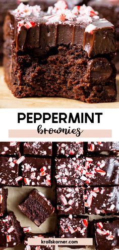 chocolate peppermint brownies cut into squares and stacked on top of each other