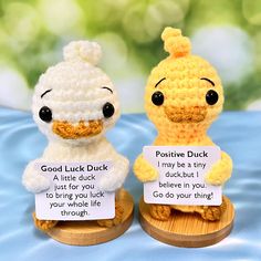 two crocheted ducks holding signs that say good luck and bad luck are in front of each other