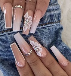 Nude And White Ombre Nails, Nude Ombre Nails, White Ombre Nails, Quince Nails, Flowers Nails, Acrylic Nails Nude, Prom Inspiration, Wedding Rose