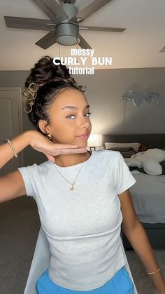 How To Do A High Messy Bun On Curly Hair, Top Curly Bun, Simple Messy Bun Tutorial, Short Curly Messy Buns, Messy Curly High Bun, Curly Messy Bun Hairstyles, Messy Curly Bun Tutorial, Messy Buns Curly Hair, Curly Hairstyle Bun