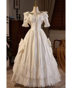 Buy retro lace and satin ivory ballgown wedding dress with big bows at wholesale price online. Free shipping and pro custom service since 2009. Gothic Victorian Dresses, Delicate Gown, Ballgown Wedding Dress, Bride Wedding Dress, Ballgown Wedding, Hallowen Costume, White Bride, Prom Dresses Gowns, Ballroom Dress