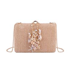 Dive into summer elegance with our Raffia Clutch featuring assorted seashell accents and a stylish chain crossbody strap. This beach-inspired accessory combines the natural charm of raffia with the whimsy of assorted seashells, creating a unique and fashionable statement piece. The chic chain crossbody strap adds a touch of modern flair, making it a versatile companion for both casual outings and special occasions. Embrace the coastal vibes and elevate your style with this one-of-a-kind clutch, Rectangular Straw Bag With Chain Strap For Vacation, Summer Beach Bags Made Of Shell, Elegant Straw Beach Bag, Summer Beach Straw Bag With Chain Strap, Beaded Straw Beach Bag, Beach Beaded Natural Straw Bag, Summer Rectangular Straw Bag With Chain Strap, Beaded Natural Straw Bag For Beach, Summer Beach Beaded Straw Bag