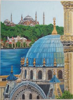 a painting of a blue domed building next to a body of water with buildings in the background