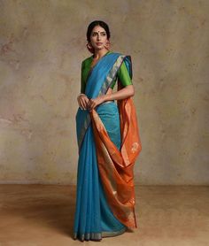 Green Pre-draped Saree With Printed Border, Green Handloom Tussar Silk Pre-draped Saree, Green Tussar Silk Handloom Pre-draped Saree, Green Tussar Silk Bollywood Pre-draped Saree, Festival Blue Tussar Silk Pre-draped Saree