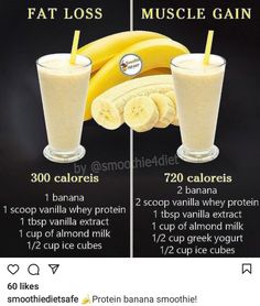 two glasses filled with banana smoothie next to each other on top of a table