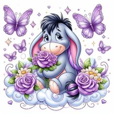 a cartoon rabbit with flowers and butterflies on it's head sitting in the clouds