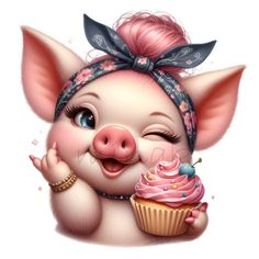 a pig with a cupcake in her hand