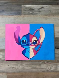 a painting of a cartoon character with blue eyes and pink ears on a wood background