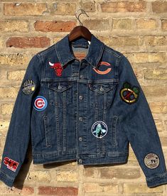 Brand new Women's Small Levi's Trucker Jacker with Patches glued on The Sports Teams are just from Bbay The Science and Industry is vintage from Ebay The Shedd Penguins, Adler, and Sue are all authentic from their gift shops! Custom Jean, Jean Jacket Patches, Custom Jean Jacket, Jacket Ideas, Gift Shops, Custom Jeans, Patches Jacket, Sports Teams, Denim Jacket Women