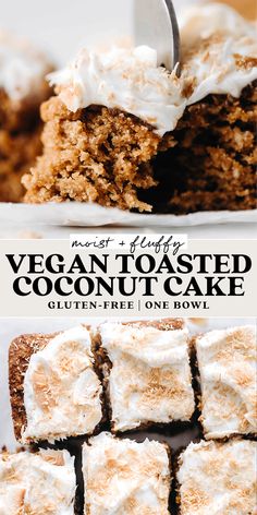 vegan toasted coconut cake with cream cheese frosting on top and cut into squares