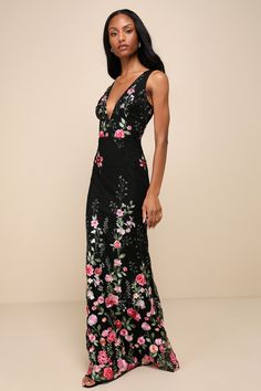 Arrive to the party like a beauty in the Lulus Soiree Blossom Black Floral Embroidered Mermaid Maxi Dress and leave with countless compliments! Sheer mesh (atop a black knit liner) boasts a vibrant design of multicolored, embroidered flowers as it shapes a plunging V-neckline, wide straps, and a princess-seamed bodice. High, fitted waist sits atop a figure-skimming mermaid skirt that falls to an elegant maxi hem. A deep V-back makes for an extra-alluring finish! Hidden back zipper/clasp. Fit: Th Embroidered Mermaid, Mermaid Maxi Dress, Lulus Dress, Black Mesh Dress, Maxi Dress Floral, Lulu Fashion, Floral Embroidered Dress, Mermaid Skirt, Dresses Floral