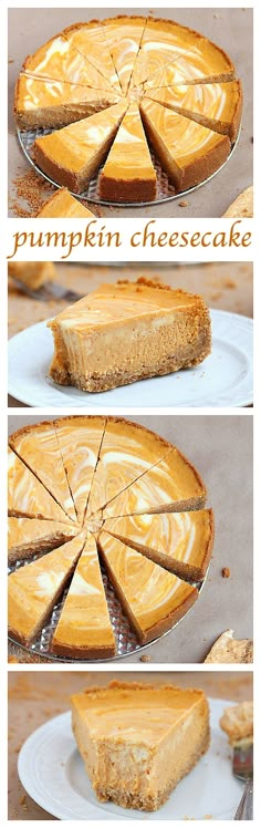 pumpkin cheesecake on a white plate with slices cut out