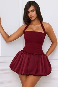 Halterneck Lace-Up Bubble Hem Corset Micro Mini Dress in Berry Red Black Backless Dress, Bubble Hem, Corset Mini Dress, Bubble Skirt, Bride Clothes, Hem Skirt, Micro Mini, Embellished Dress, Comfortable Dress