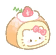 an image of a hello kitty roll with cream and strawberry toppings on the top