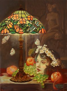 a painting of a woman with fruit under a lamp