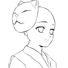 a drawing of a woman with a cat on her head