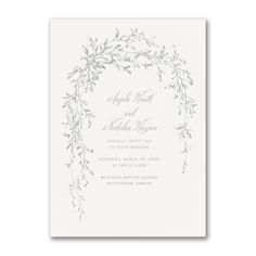 a wedding card with an elegant wreath design on the front and bottom, in grey ink