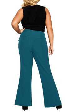 From your desk to dinner, these high-waist pants with a fabulous flared silhouette will be a total hit. 95% polyester, 5% elastane Hand wash, dry flat Imported Business Casual Flared Bottoms, Flare Workwear Pants, High Waist Stretch Flares For Work, Stretch High Waist Flares For Workwear, Office Flare Pants In Elastane, Chic High-waisted Elastane Flares, Chic Flare Dress Pants In Elastane, Chic Flare Bottoms For Office, Chic Flared Office Bottoms