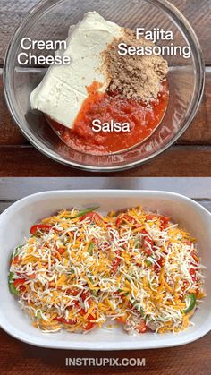 two dishes with different types of food in them, one containing lasagna and the other containing cream cheese