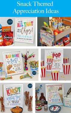 a bunch of pictures with some food and snacks on them, including candy bars, crackers