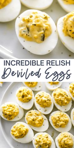 These Deviled Eggs With Relish make a delicious appetizer that everyone will go crazy for. The filling is made with a combination of bright yellow egg yolks, mayo, mustard, and sweet pickle relish for a tasty twist on classic deviled eggs. This recipe is gluten-free, dairy-free, paleo and vegetarian. Deviled Eggs Sweet Relish, Deviled Eggs With Pickle Relish, Deviled Eggs Recipe Best With Relish, Deviled Eggs With Sweet Relish, Deviled Eggs Recipe With Relish, Angel Eggs, Deviled Eggs Relish, Deviled Eggs With Relish, Deviled Eggs Recipe Best