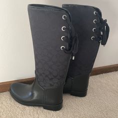 Amazing Coach Rain Boots. Lined Inside For Warmth & Comfort. Rubber Bottom That’s Waterproof. Adorable Details Like The Coach Logo Buttons And Adjustable Ties In The Back. Brand New Condition. Insulated Black Boots For Rainy Season, Chic Coach Boots With Round Toe, Casual Ankle-high Coach Boots, Coach Casual Ankle-high Boots, Coach Rain Boots, Black Waterproof Ankle-high Rain Boots, Coach Logo, Coach Shoes, Winter Rain