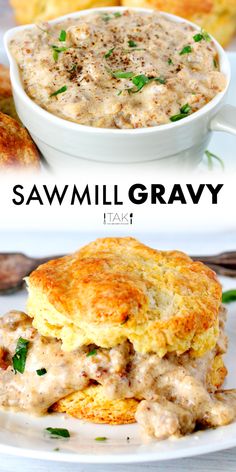 two different views of some food on a plate with the words savmill gravy