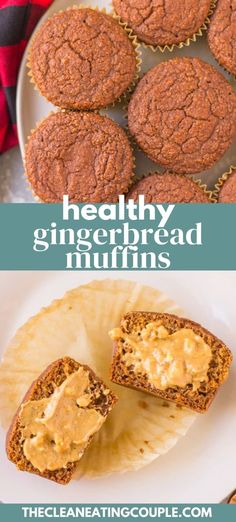 healthy gingerbread muffins with peanut butter on top and the title above it