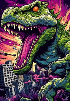 a dinosaur with its mouth open and it's teeth wide open in front of the city skyline