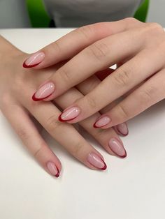 #french #frenchnail #redfrenchnail #redfrench #nailart #nails French Tip Color Nails Almond, Red Nails Ideas French, Oval Nails Red French, Red Tip Almond Shaped Nails, Nails That Make Your Fingers Look Longer, Festive Nails Simple, Red Double French Nails, French With Red Tips, Short Almond Red French Tip Nails