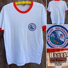 Vintage Camp Wolfeboro Mt Diablo Council Ringer Tee Boy Scouts BSA T-Shirt L 80s  | eBay Vintage Multicolor Graphic Print Camp Shirt, Ringer Tee Design, White Cotton T-shirt For Camping, Ringer Tee Men, Junior Year High School, Camp Ringer Tee, Ringer Tee Vintage, Vintage Ringer Tshirt, Wes Anderson Style