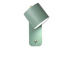 a green wall light with a white shade on the side and a gold button at the bottom