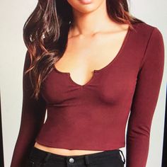 Burgundy Crop Top. Open Neckline With Cutout. Long Sleeved. Burgundy V-neck Top For Date Night, Trendy Stretch Burgundy Tops, Trendy Burgundy Stretch Top, Trendy Brown Tops For Date Night, Fitted Burgundy Tops For Date Night, Forever 21 Red Fall Tops, Forever 21 Red Tops For Fall, Trendy Forever 21 Tops For Date Night, Stretch Burgundy Tops For Night Out