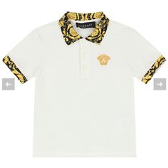 New With Tags, Size 8 Boys Made In Italy White Cotton Signature Barocco Print Medusa Head Motif Polo Collar Front Button Placket Short Sleeves Straight Hem Composition Cotton 100% Designer Baroque Print Tops For Summer, Summer Baroque Print Short Sleeve Tops, Designer Yellow Short Sleeve Tops, Luxury White Summer Shirt, Luxury White Tops For Summer, Luxury White Summer Tops, Versace Shirts, Baby Polo, Versace Kids