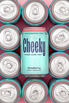 several cans of beer stacked on top of each other with the word cheeky printed on them