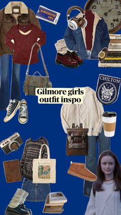 a collage of different items including sweaters, jeans and shoes with the words glimore girls quilt inspo