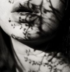 a woman's face is shown with the shadow of branches on her chest and neck