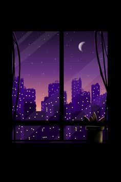 a window with cityscape in the background and night sky seen from it's windowsill